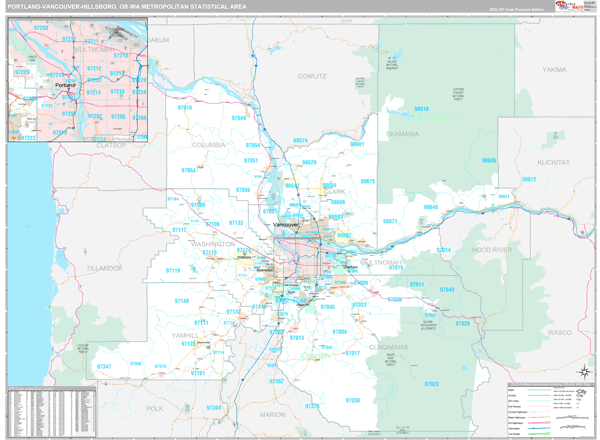 Portland-Vancouver-Hillsboro, OR Metro Area Wall Map